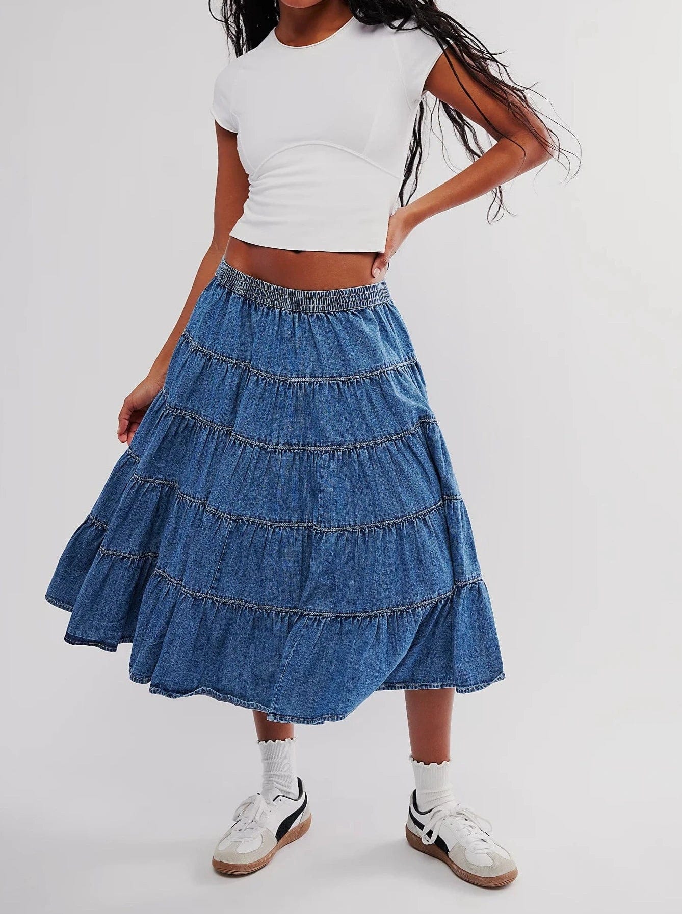 BOTTOMS - FREE PEOPLE - Full Swing Chambray Midi Skirt - Nagel wereld